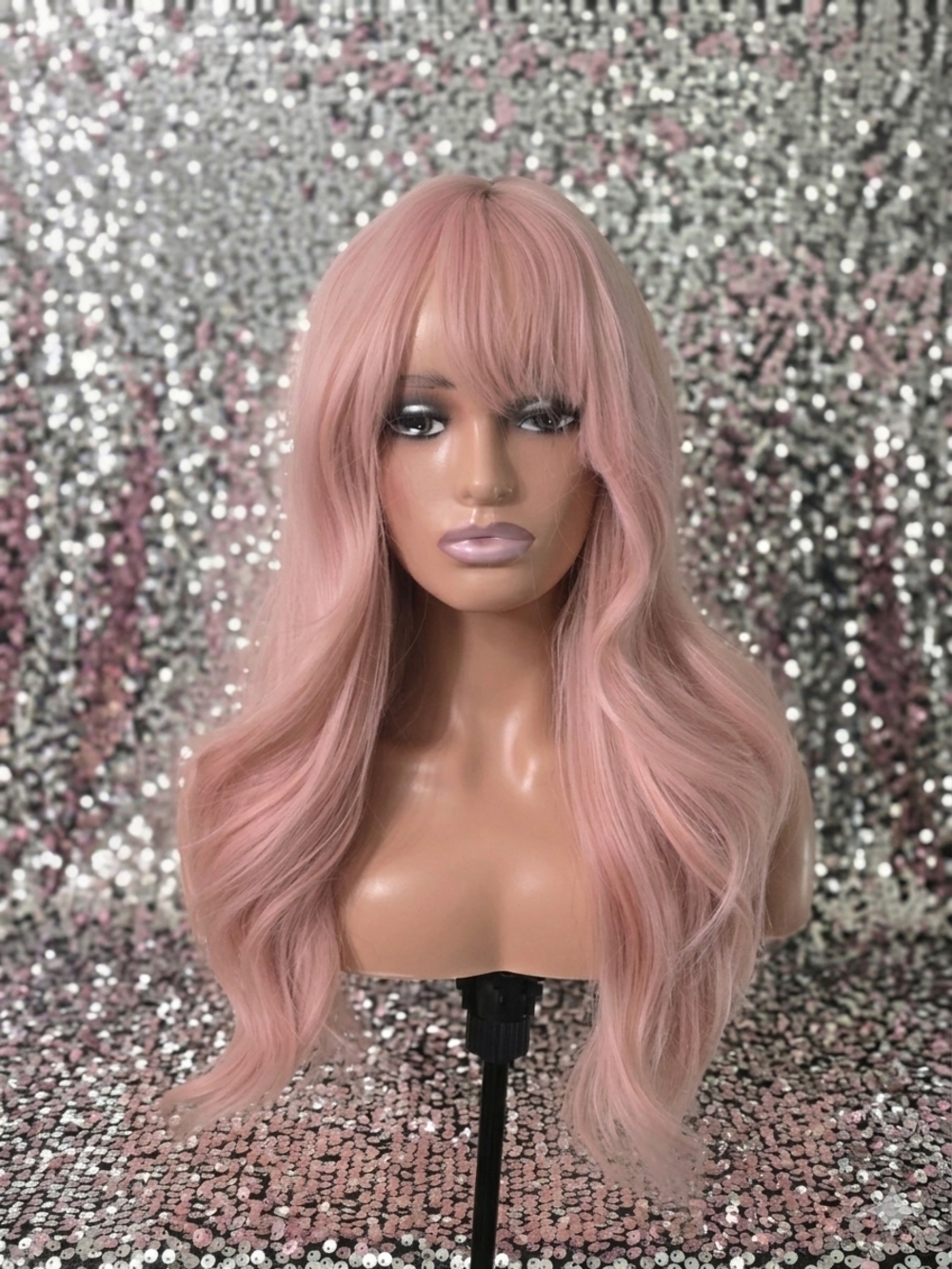 Pink Peach Long Wavy Wig with Bangs